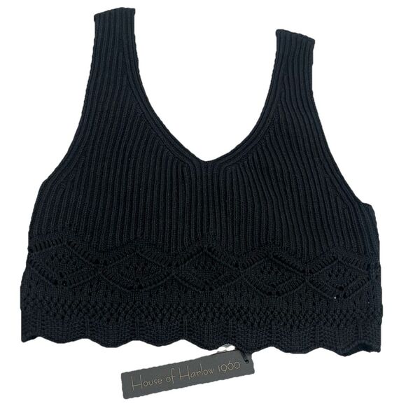 House of Harlow 1960 black Crop Top only Crochet ribbed v-neck Knit NWT XS - Picture 1 of 6